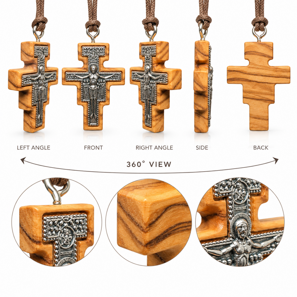 San Damiano olive wood crucifix pendant 360-degree showcase with front, angled, side and back views and close-up details.