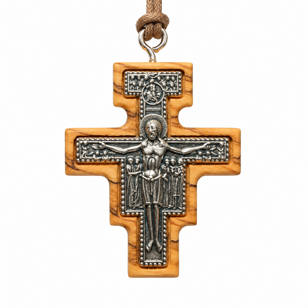 Large San Damiano olive wood crucifix necklace SCR81, front view with detailed metal inlay and brown cord.