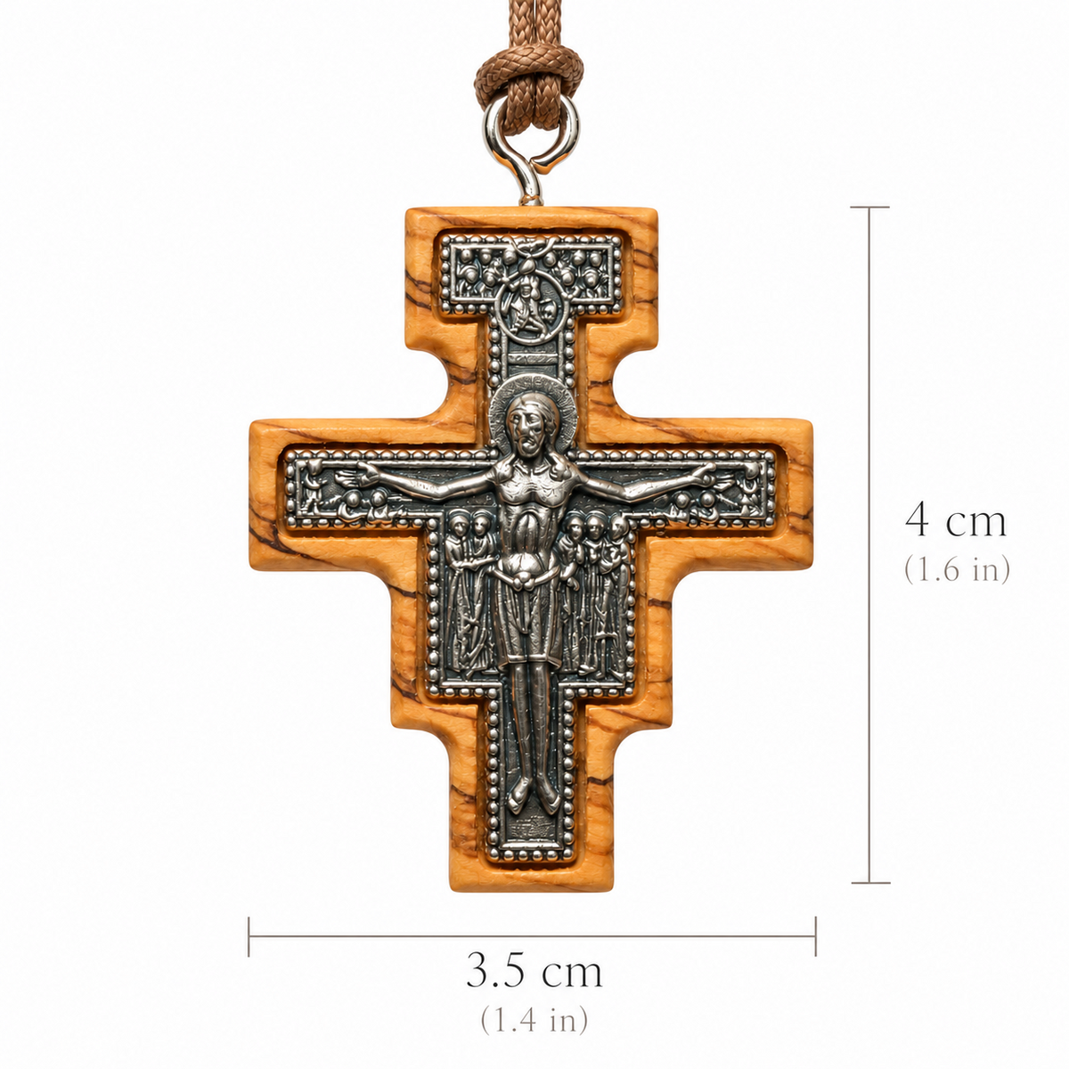 Large San Damiano crucifix necklace SCR81, measuring 4 cm high by 3.5 cm wide (1.6 by 1.4 inches).
