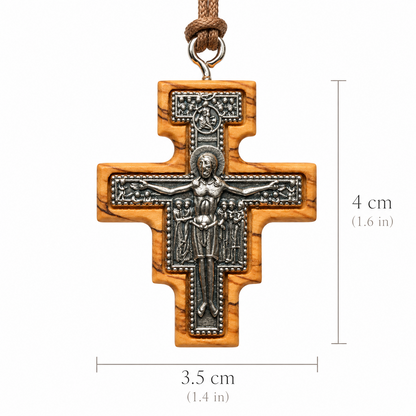 Large San Damiano crucifix necklace SCR81, measuring 4 cm high by 3.5 cm wide (1.6 by 1.4 inches).
