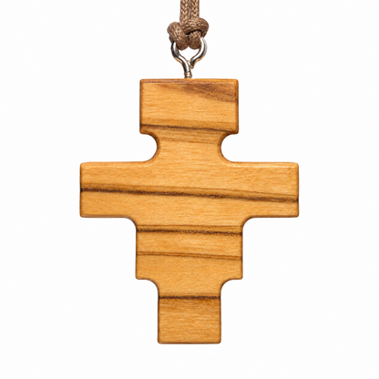 Back view of the San Damiano olive wood crucifix necklace, showing the natural wood grain; shared image for SCR81 and SCR82.