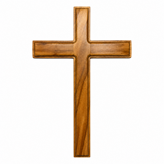 Small minimal olive wood wall cross CR10 with a recessed border and natural wood grain, front view.