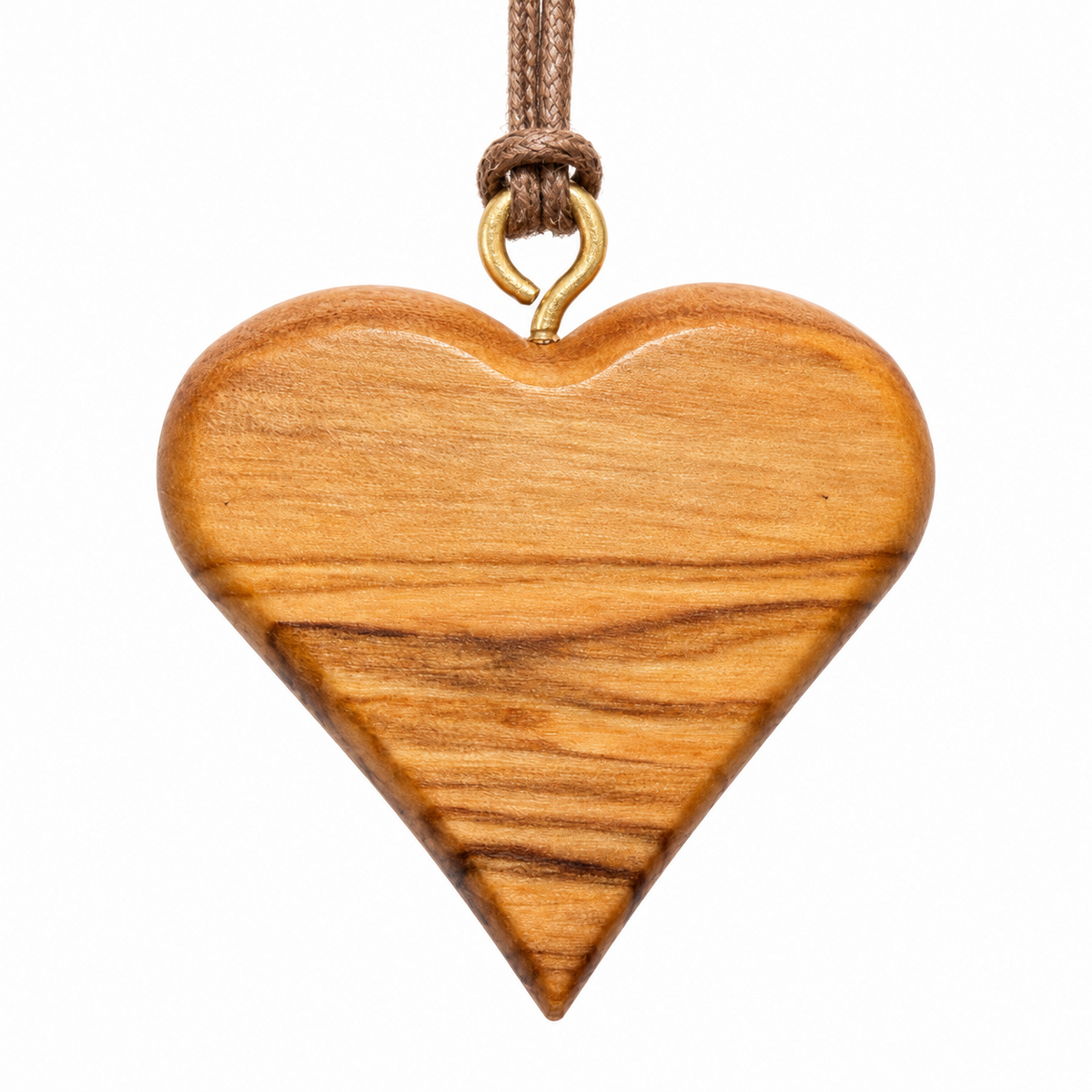 Front view of the Ahavah olive wood heart pendant on a brown cord, showing its polished surface and natural wood grain.